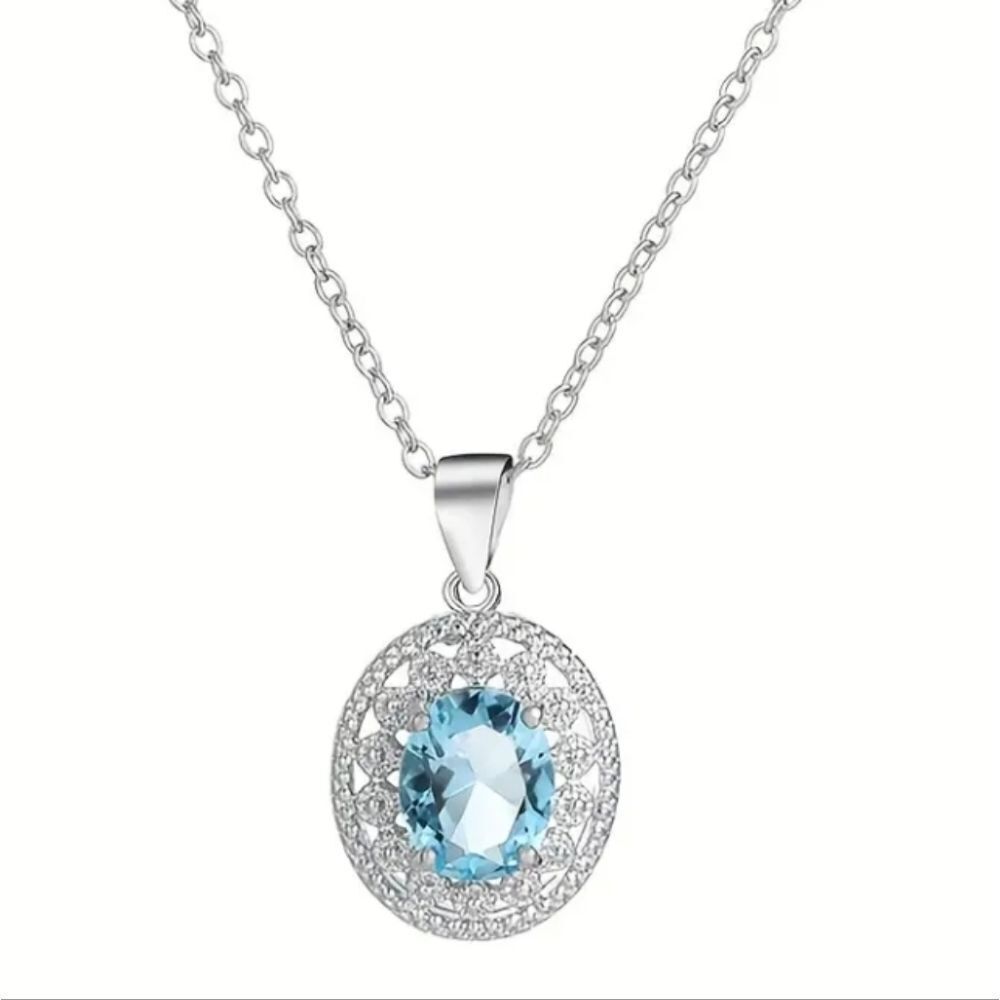 Sterling Silver Blue Oval Pendant Necklace